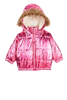 Baby Girls 12-24M Faux Fur Hooded Metallic Puffer Jacket, Pink, Size 12M