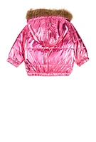 Baby Girls 12-24M Faux Fur Hooded Metallic Puffer Jacket, Pink, Size 12M