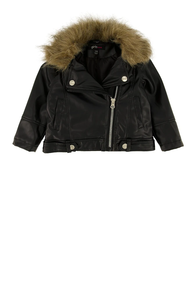 Baby Girls 12-24M Faux Fur Trim Leather Moto Jacket,