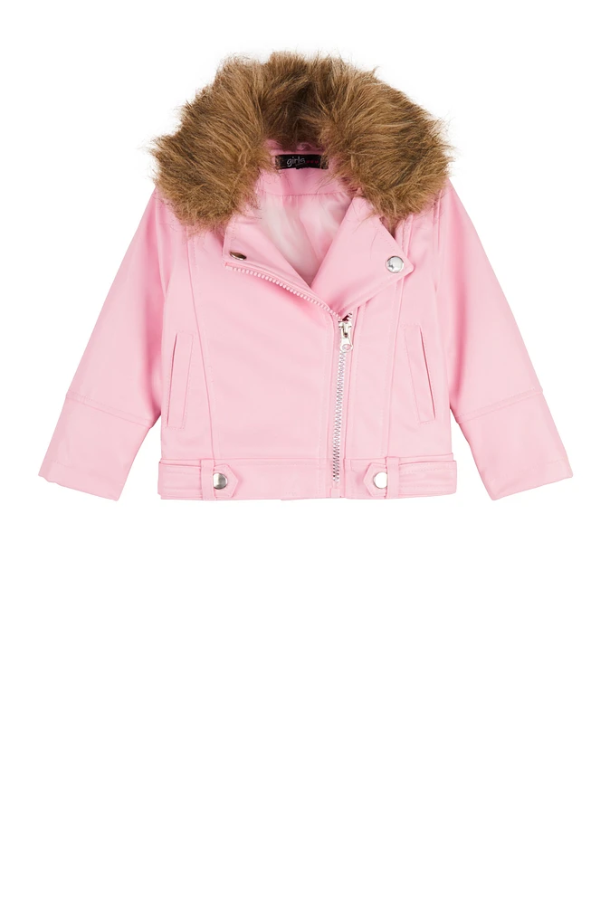 Baby Girls 12-24M Faux Fur Trim Faux Leather Moto Jacket, Pink, Size 12M