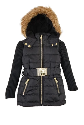 Baby Girls 12-24M Sweater Sleeve Belted Puffer Jacket, Black, Size 24M