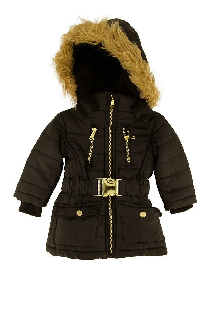 Baby Girls 12-24M Hooded Belted Puffer Jacket, Black, Size 12M