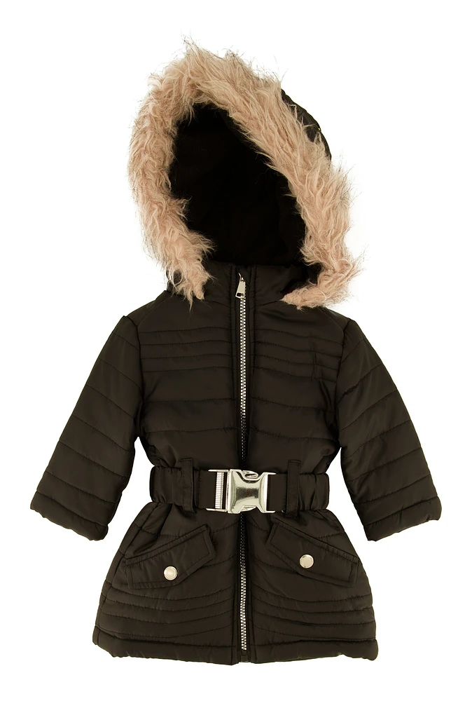 Baby Girls 12-24M Faux Fur Lined Belted Puffer Jacket, Black, Size 18M