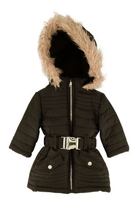 Baby Girls 12-24M Faux Fur Lined Belted Puffer Jacket, Black, Size 18M