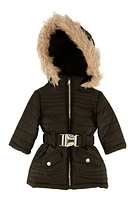 Baby Girls 12-24M Faux Fur Lined Belted Puffer Jacket, Black, Size 12M