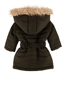 Baby Girls 12-24M Faux Fur Lined Belted Puffer Jacket, Black, Size 18M