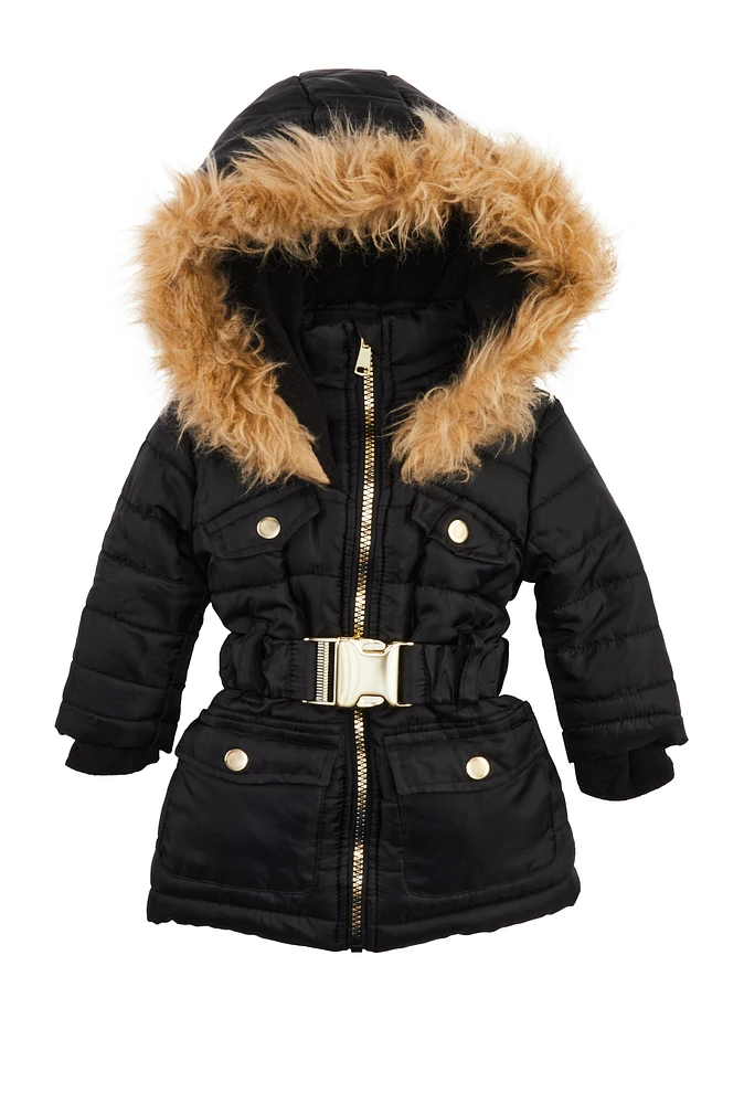 Baby Girls 12-24M Faux Fur Trim Belted Puffer Jacket, Black, Size 12M