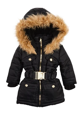 Baby Girls 12-24M Faux Fur Trim Belted Puffer Jacket, Black, Size 12M