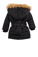 Baby Girls 12-24M Faux Fur Trim Belted Puffer Jacket, Black, Size 12M
