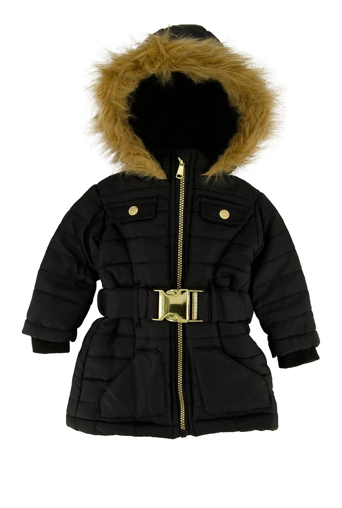 Baby Girls 12-24M Faux Fur Trim Puffer Jacket, Black, Size 18M