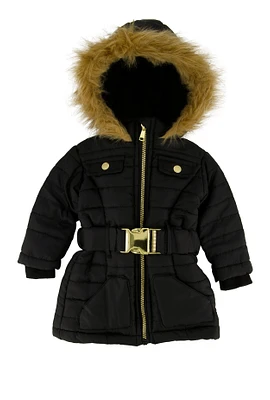 Baby Girls 12-24M Faux Fur Trim Puffer Jacket, Black, Size 18M