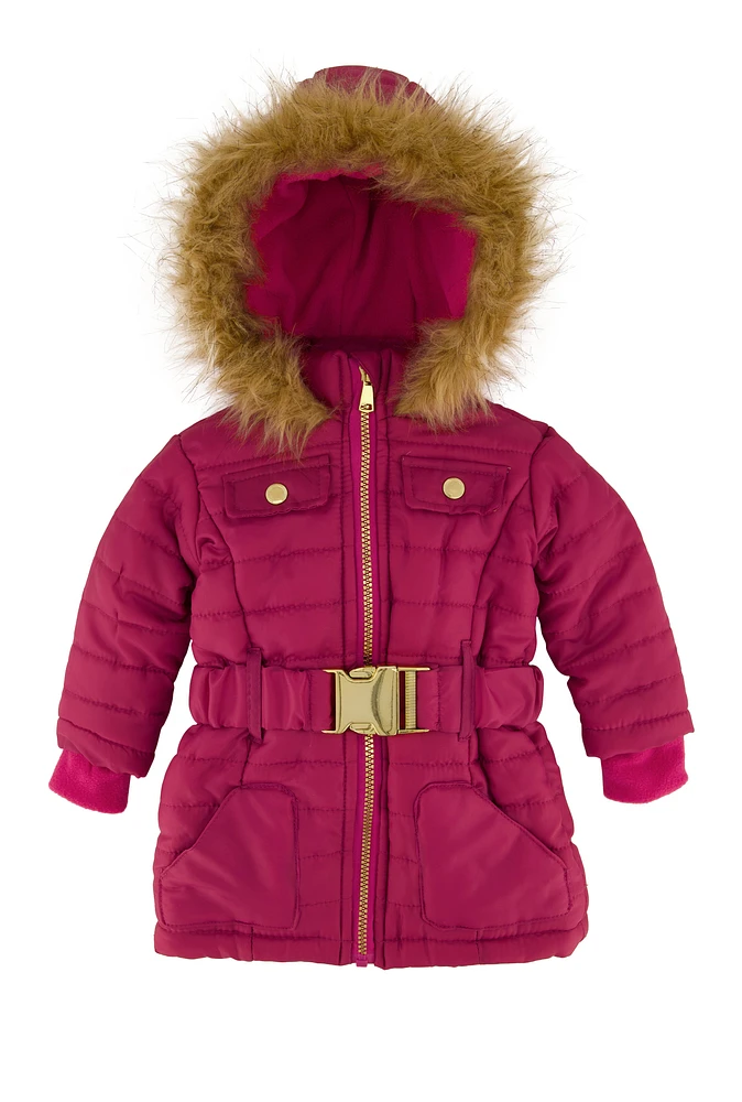 Baby Girls 12-24M Faux Fur Trim Puffer Jacket, Pink, Size 24M