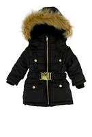 Baby Girl 12-24M Faux Fur Trim Belted Puffer Jacket, Black,