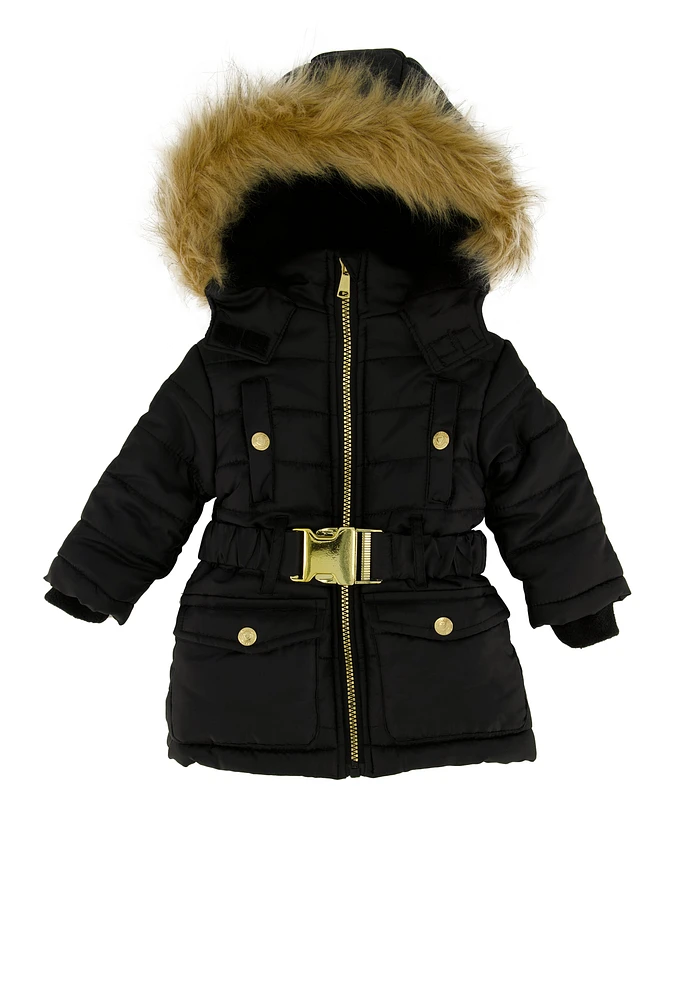 Baby Girl 12-24M Faux Fur Trim Belted Puffer Jacket, Black, Size 24M