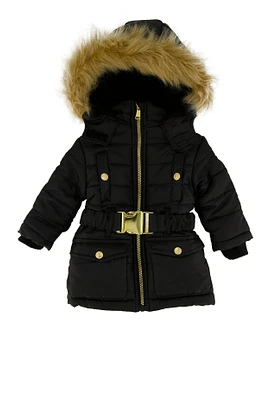 Baby Girl 12-24M Faux Fur Trim Belted Puffer Jacket, Black, Size 24M