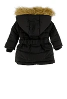 Baby Girl 12-24M Faux Fur Trim Belted Puffer Jacket, Black,