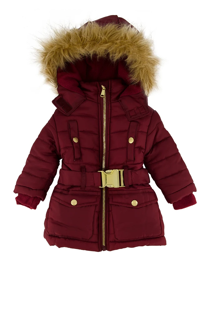Baby Girl 12-24M Faux Fur Trim Belted Puffer Jacket, Burgundy,