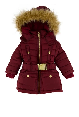 Baby Girl 12-24M Faux Fur Trim Belted Puffer Jacket, Burgundy,