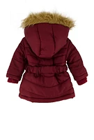 Baby Girl 12-24M Faux Fur Trim Belted Puffer Jacket, Burgundy, Size 12M