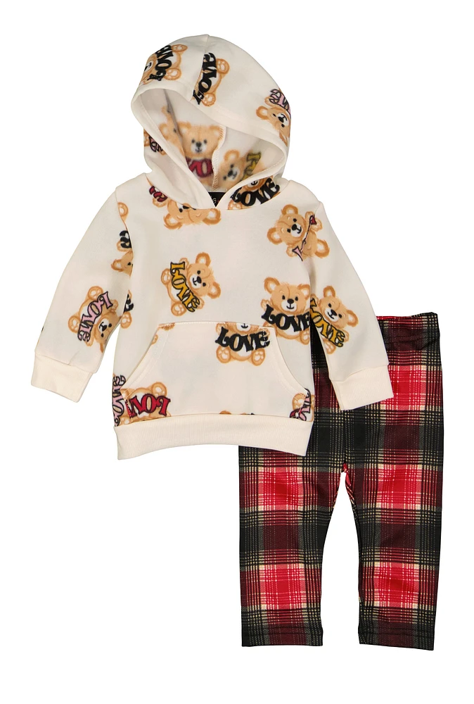 Baby Girls 0-9M Love Bear Hoodie and Plaid Leggings Set, Multi, Size 3M