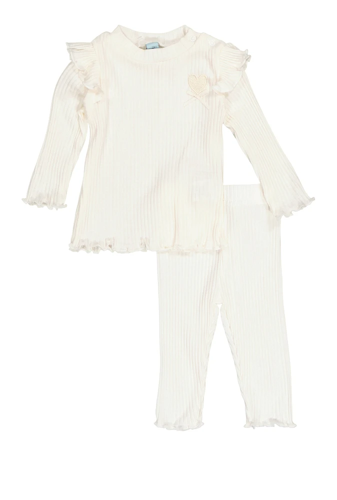 Baby Girls 0-9M Rib Knit Long Sleeve Top and Leggings, White, Size 3-6M