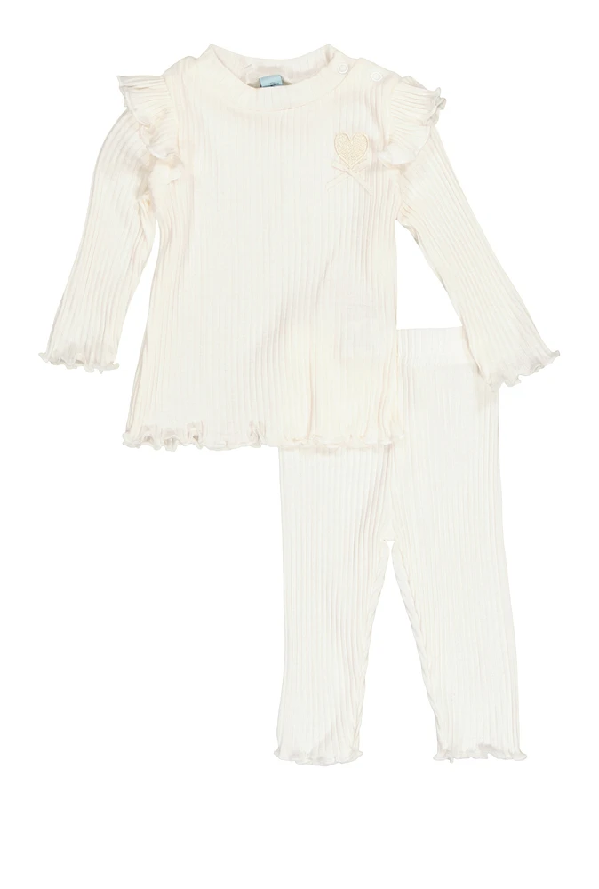 Baby Girls 0-9M Rib Knit Long Sleeve Top and Leggings, White, Size 0-3M
