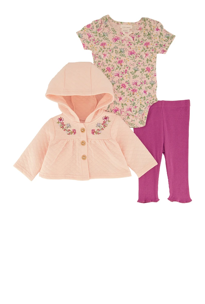 Baby Girls 0-9M Floral Hooded Jacket and Bodysuit with Leggings, Pink, Size 6-9M