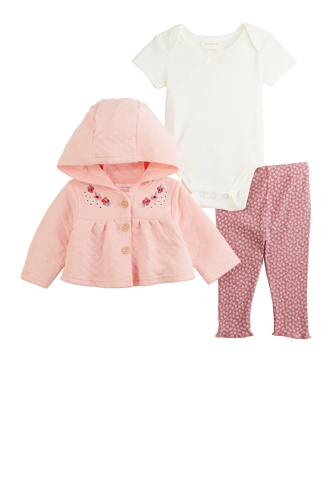 Baby Girls 0-9M Floral Hooded Jacket and Leggings with Bodysuit, Pink, Size 3-6M