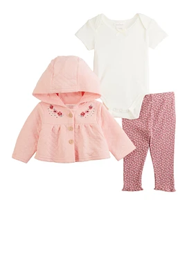Baby Girls 0-9M Floral Hooded Jacket and Leggings with Bodysuit, Pink, Size 3-6M