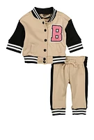 Baby Girls 0-9M Boss Bear Rhinestone Detail Varsity Jacket and Joggers, Beige, Size 3M