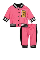 Baby Girls 0-9M Boss Bear Rhinestone Detail Varsity Jacket and Joggers, Pink, Size 12M