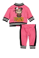 Baby Girls 0-9M Boss Bear Rhinestone Detail Varsity Jacket and Joggers, Pink, Size 12M