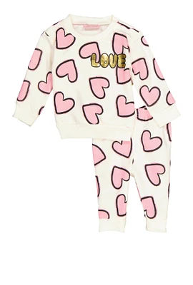 Baby Girls 0-9M Love Heart Print Sweatshirt and Sweatpants, White, Size 6-9M