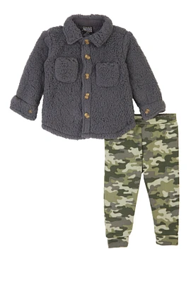 Baby Girls 12-24M Sherpa Shacket and Camo Joggers, Grey, Size 18M