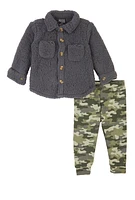 Baby Girls 12-24M Sherpa Shacket and Camo Joggers, Grey, Size 18M