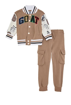 Baby Boys 12-24M GOAT Chenille Graphic Varsity Jacket and Joggers, Brown,