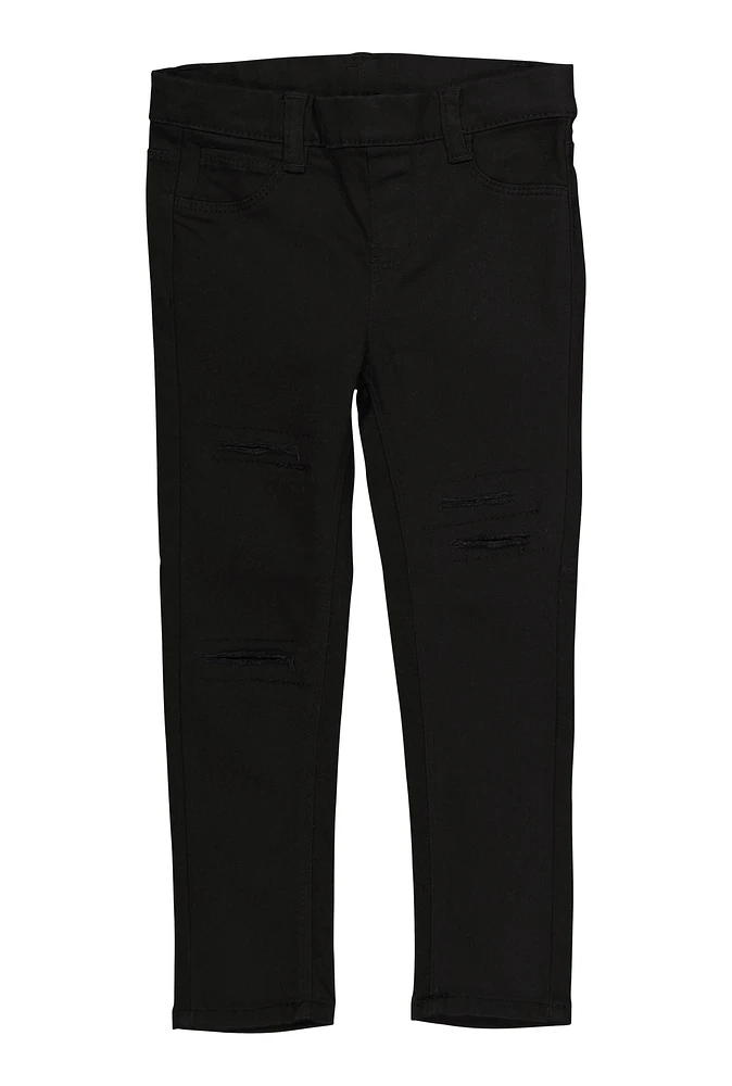 Little Girls Twill Patch and Repair Skinny Leg Pants, Black, Size 4