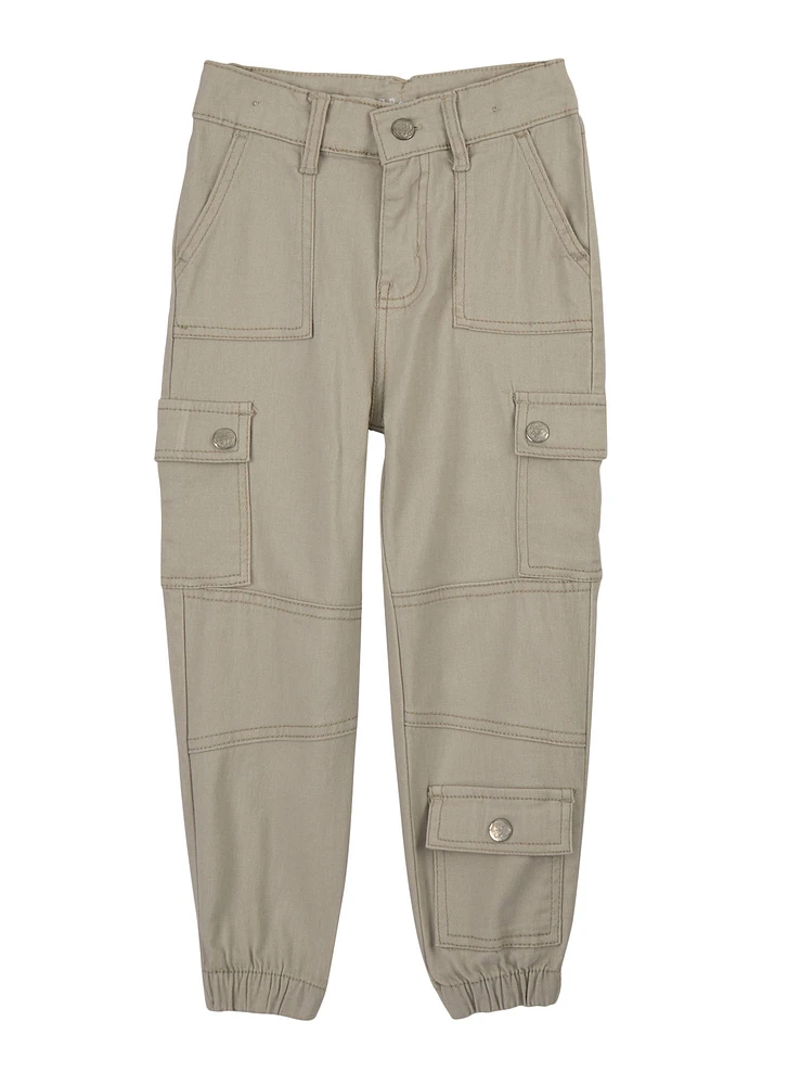 Little Girls Twill Cargo Joggers, Grey, Size 4