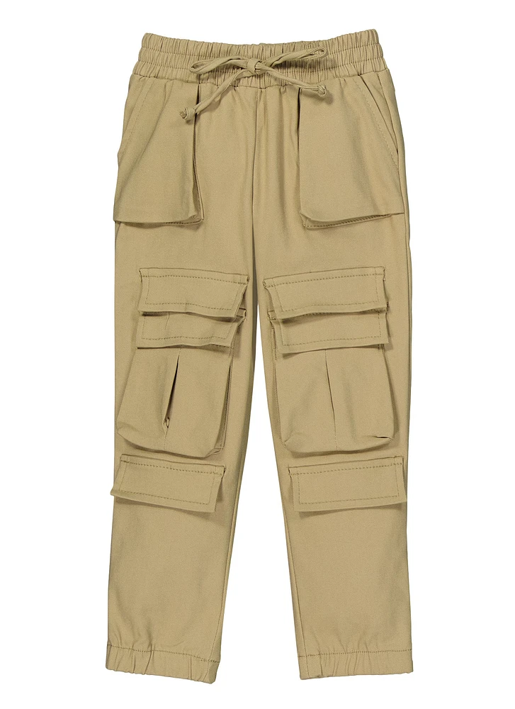Little Girls Drawstring Waist Cargo Pants, Khaki, Size 5