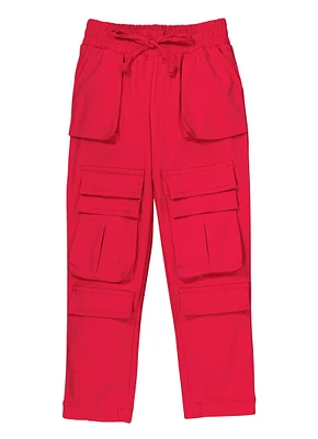 Little Girls Drawstring Waist Cargo Pants, Red, Size 4