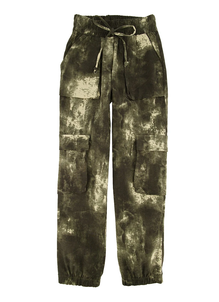 Girls Faux Drawstring Hyperstretch Cargo Pocket Joggers, Green, Size 14