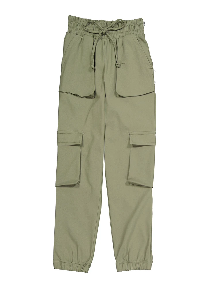 Girls Faux Drawstring Hyperstretch Cargo Pocket Joggers, Green, Size 10-12