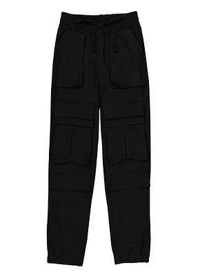 Girls Faux Drawstring Cargo Pocket Joggers, Black, Size 10-12