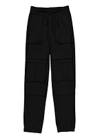 Girls Faux Drawstring Cargo Pocket Joggers, Black, Size 10-12