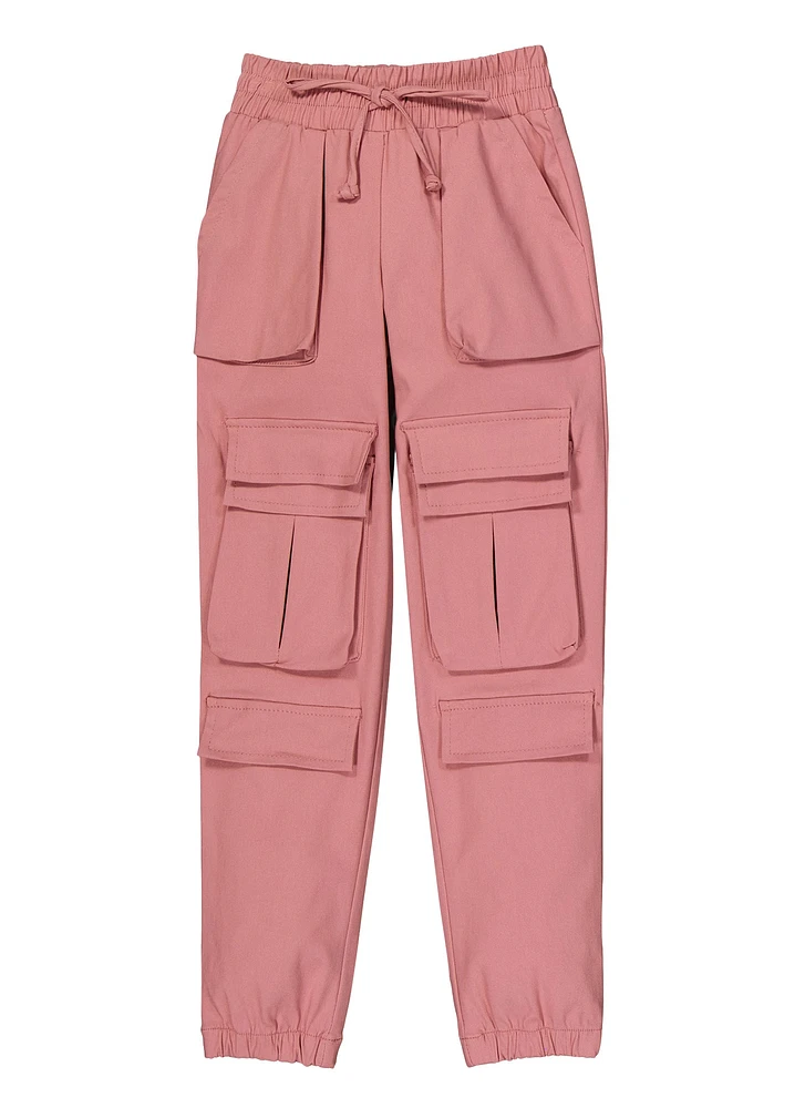 Girls Faux Drawstring Cargo Pocket Joggers, Pink, Size 14