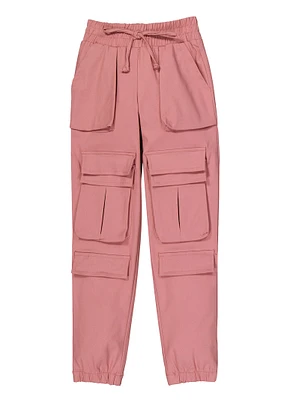 Girls Faux Drawstring Cargo Pocket Joggers, Pink, Size 14