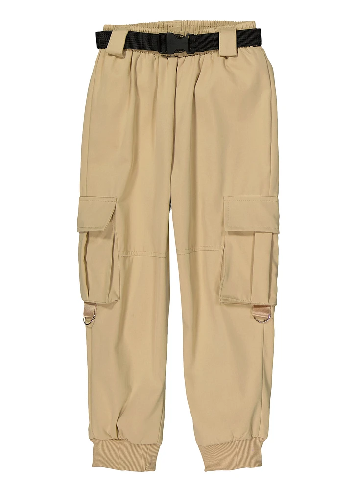 Girls Belted Cargo Pocket Joggers, Khaki, Size 7