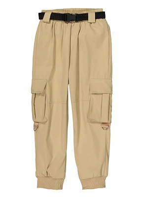 Girls Belted Cargo Pocket Joggers, Khaki, Size 7