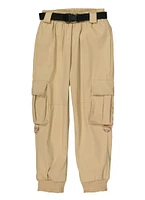 Girls Belted Cargo Pocket Joggers, Khaki, Size 7