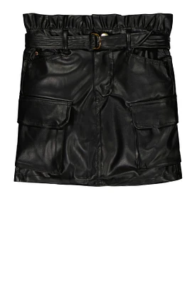 Little Girls Faux Leather Belted Paper Bag Waist Cargo Skirt, Black, Size 4